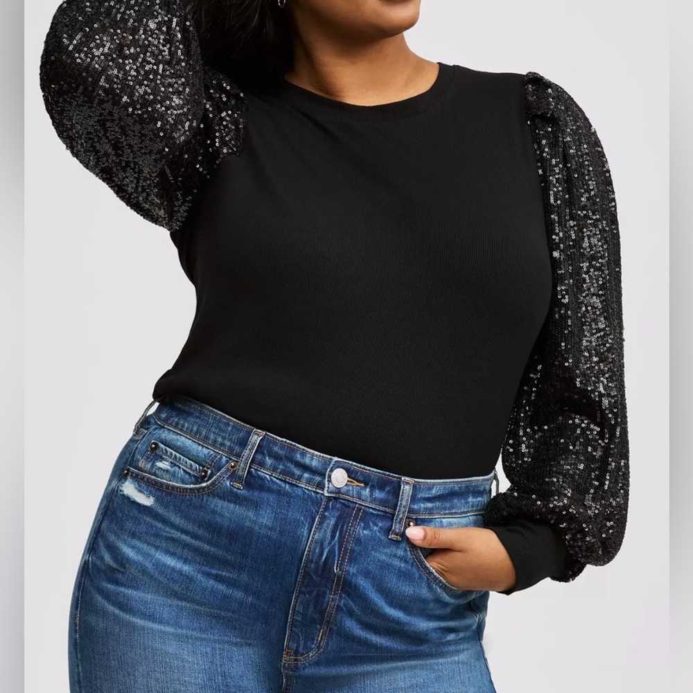 Torrid Rib Crew Neck Sequin Long Sleeve Top Deep Black Women 2x
